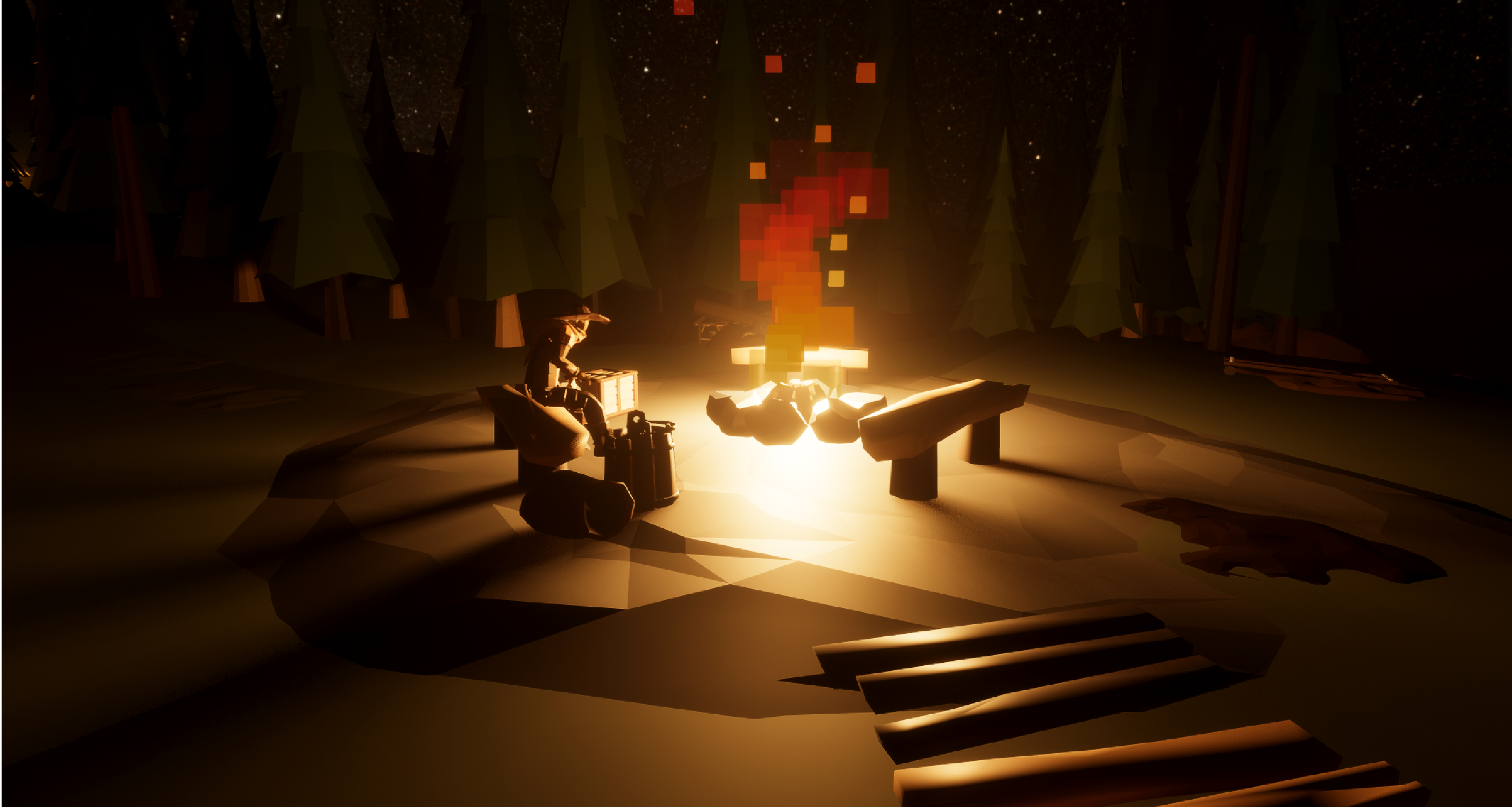 A dark forest scene with a campfire in the foreground